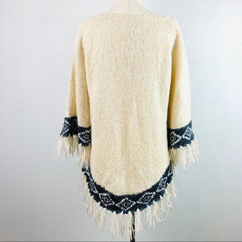 Vintage Fringe Knit Button Front Poncho Sweater